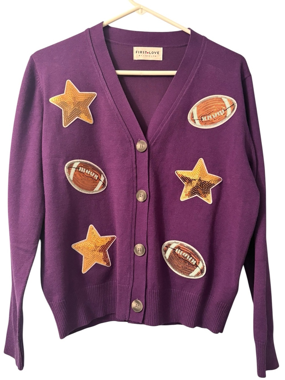 First Love by Lovelyn Sweater Purple Sequin Football Star Cardigan Size Small